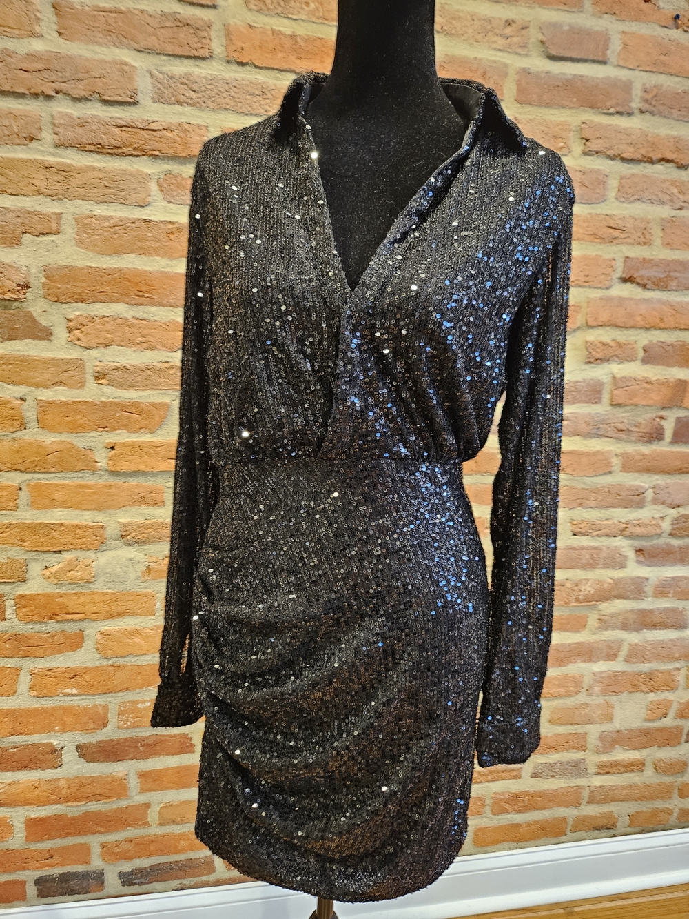 Fashion Nova Black Sequin Wrap-Style Long Sleeve Dress